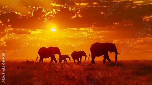 Gentle Giants  A Serene Portrait of a Family of Elephants  Moving Gracefully Through Their Natural Habitat  Exuding Wisdom and Strength in a Harmonious Display of Bonded Unity and Enduring Majesty.