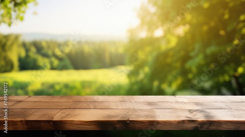 Wooden table spring nature bokeh background, empty wood desk product display mockup with green park sunny blurry abstract garden backdrop landscape ads showcase presentation. Mock up, copy space . © Synthetica