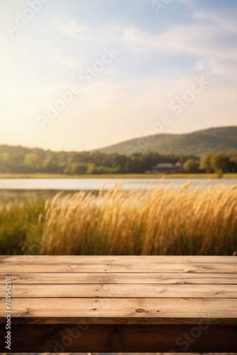 Wooden table spring nature bokeh background  empty wood desk product display mockup with green park sunny blurry abstract garden backdrop landscape ads showcase presentation. Mock up  copy space .