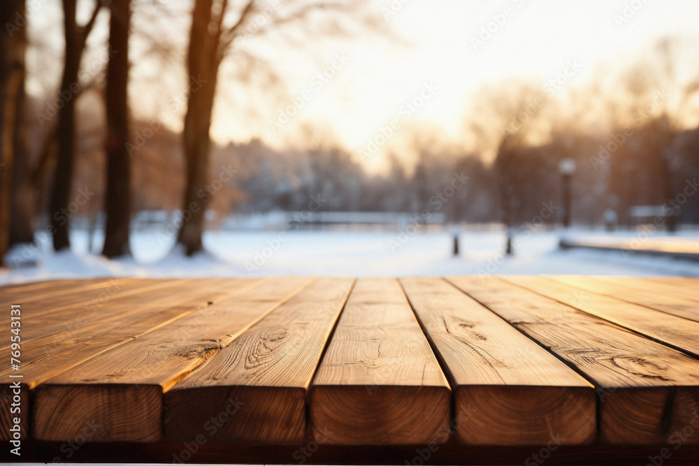 Wooden table snowy trees winter nature bokeh background, empty wood desk product display mockup snow landscape blurry abstract backdrop ads showcase Christmas time presentation. Mock up, copy space