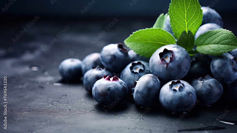 Closeup of ripe blueberries with water drops and leaves on dark table. Summer fruits blueberry background. Food photography. Closeup of ripe blueberries with water drops and leaves on dark table. Summer fruits blueberry background. Food photography.
