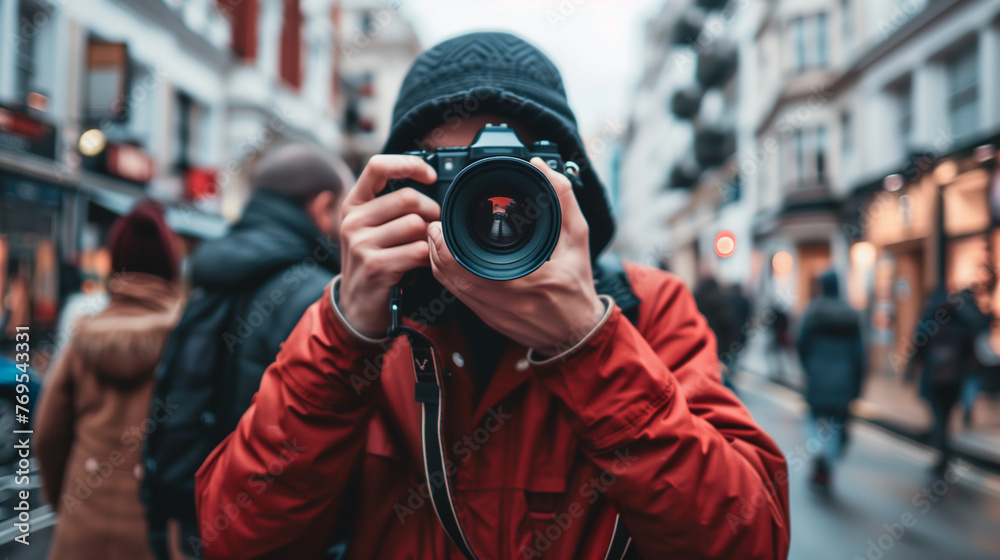 City Busy Street Photographer Camera Man Concept