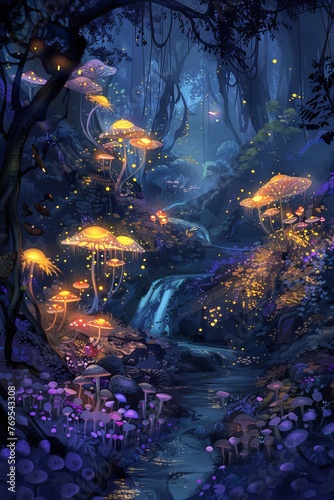 A whimsical digital painting of an enchanted forest with glowing mushrooms and fairies, creating a magical atmosphere. The background is dark to highlight the vibrant colors in the scene. In the cente © Nica