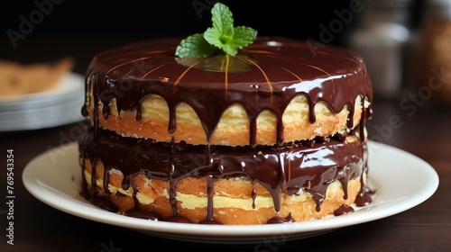 Boston cream pie cake with chocolate ganache glaze ultra hd. photo