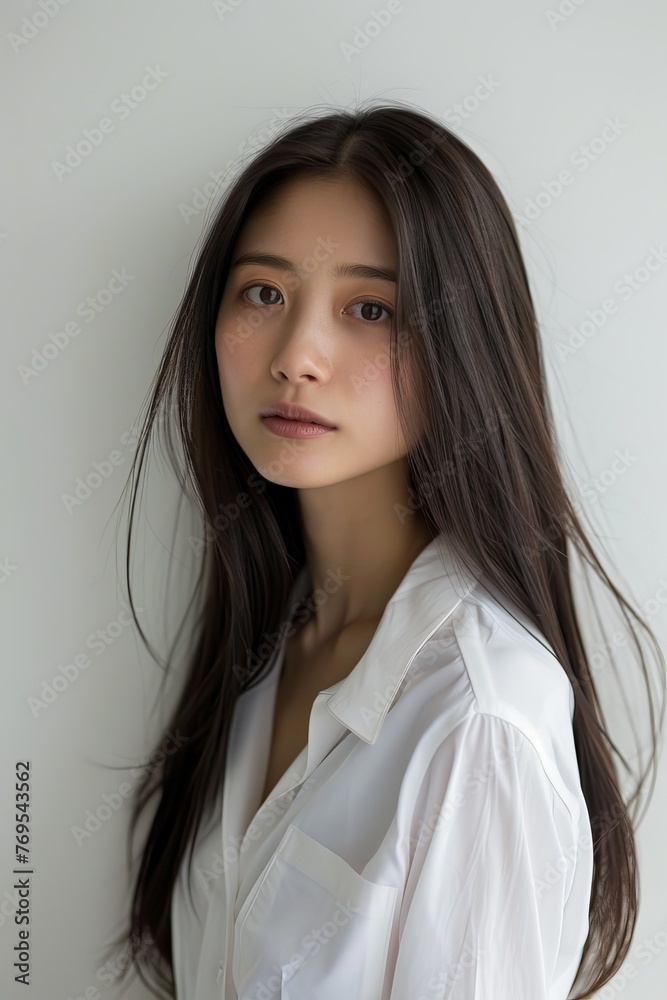 Asian woman, hair model, shiny hair, super straight hair, medium length, upper body, white shirt, white background, - Asian woman, hair model, shiny hair, super straight hair, medium length, upper body, white shirt, white background, -