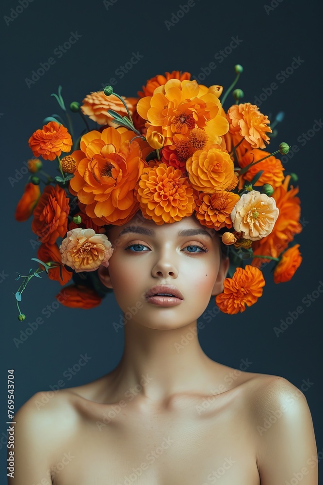 beautiful woman with flowers on her head, fashion photography, flowers in the style of bold graphic illustrations, colorful flower arrangements, dark gray 
