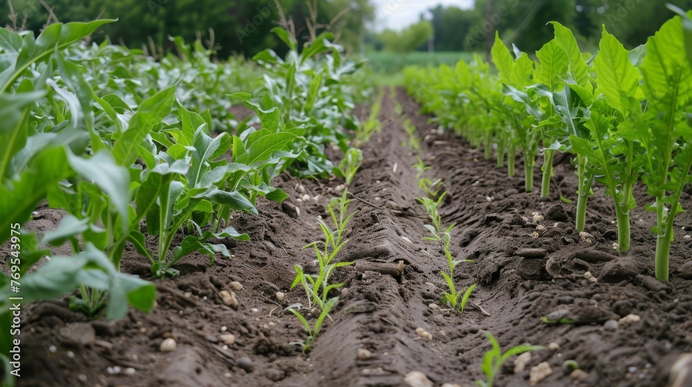 Row of Green Plants Growing in Field Row of Green Plants Growing in Field
