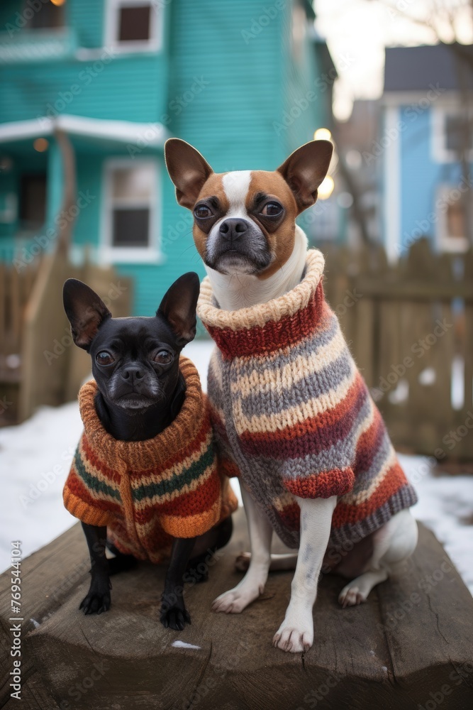 two chihuahua dogs in a warm sweater on a background of blue houses