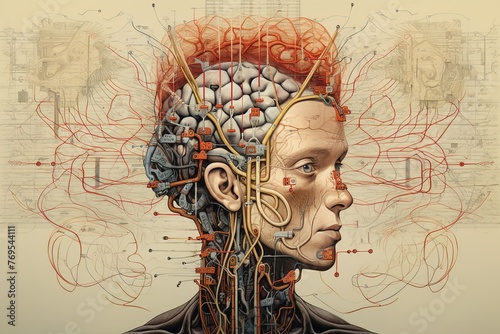 A conceptual image of a human head, with veins extending into space, a head in veins, abstraction, psychology, futurism.