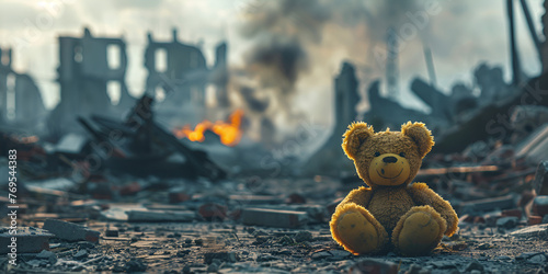 teddy bear in ruins of house destroyed at war background image
