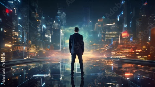 Business technology concept, professional businessman walking on background of future network city and futuristic interface graphics at night, Cyberpunk photo