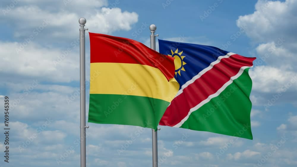 Bolivia and Namibia two flags waving together, looped video, two country relations concept Bolivia and Namibia two flags waving together, looped video, two country relations concept