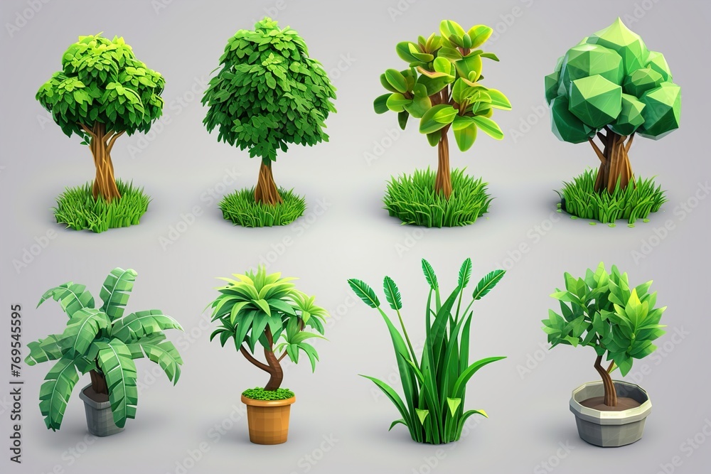 Fototapeta premium Plant shoot, potted houseplant, tree, grass, 3d vector cartoon icon set 