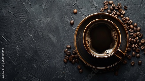 A bold and beautiful cup of black coffee is placed on a rustic black background, creating a captivating blend of elegance as it is surrounded by coffee beans.