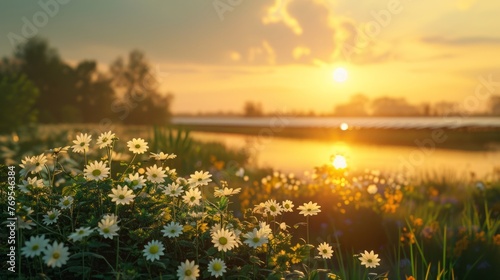 Daisies blooming at sunset near tranquil waters