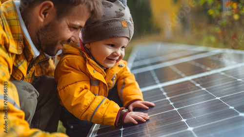Father and child learning about solar panels. Renewable energy education and family concept. Design for sustainability and eco-friendly living articles with copy space. Outdoor shot