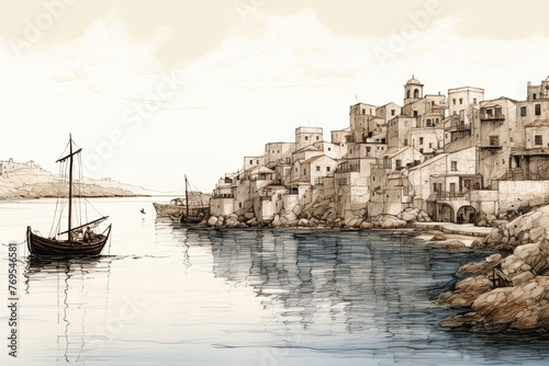 Fishing boat at Greek island. Artwork poster design. Generative Ai photo