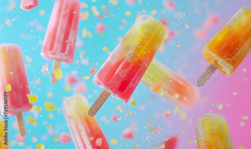 Popsicles flying in the air a colorful background   Generative AI 