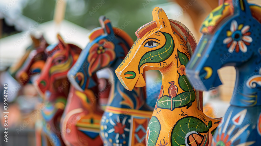 Image features a lineup of brightly painted, carved wooden horses with intricate designs