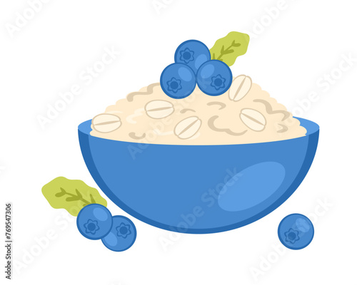 Oatmeal porridge in blue bowl with blueberry berries. Perfect for menu, sticker, poster.