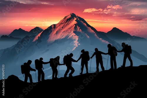 Team of people holding hands and helping each other to reach the mountain top. Cooperation, synergy and teamwork concept. © Asfand