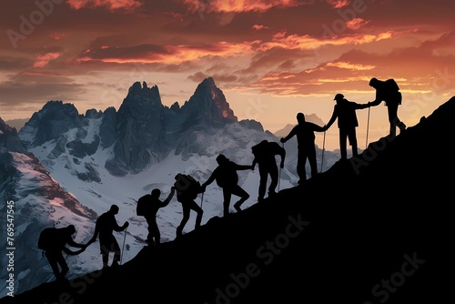 Team of people holding hands and helping each other to reach the mountain top. Cooperation, synergy and teamwork concept.