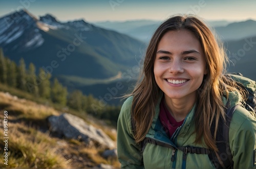 Young hiker woman with beautiful smile while standing at mountain © Asfand
