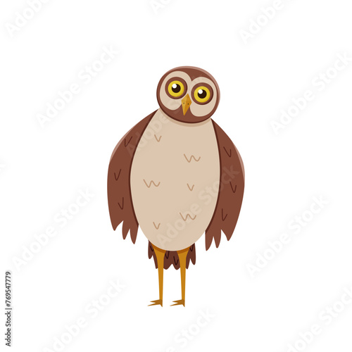 Cute funny owl with tilted leaned head. Vector illustration of cartoon forest night bird.