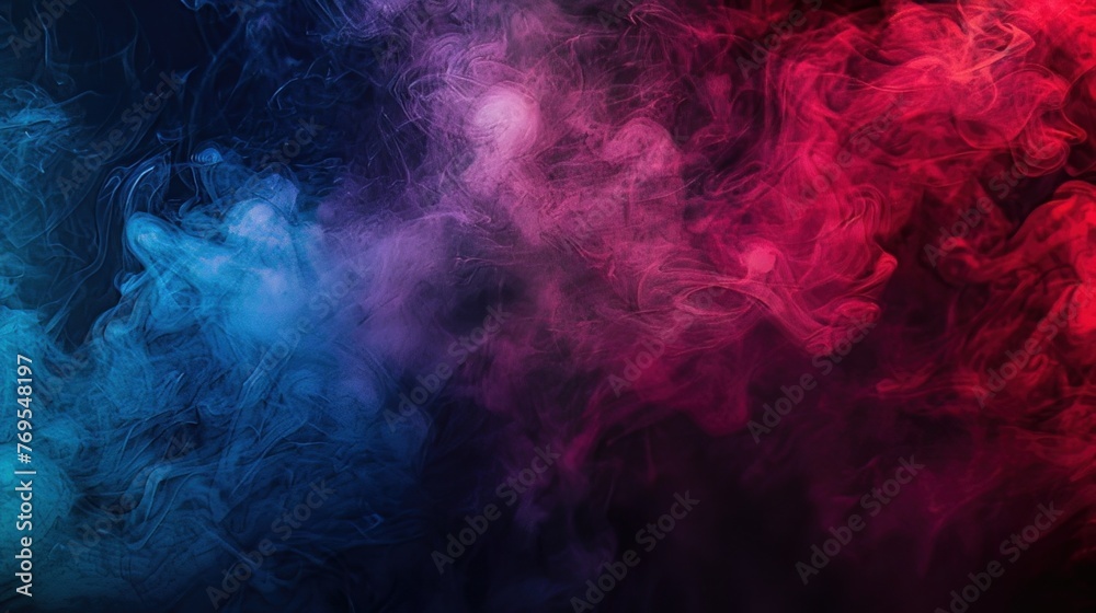 Mysterious artificial smoke swirling in vibrant red and blue lights against a dark, black background