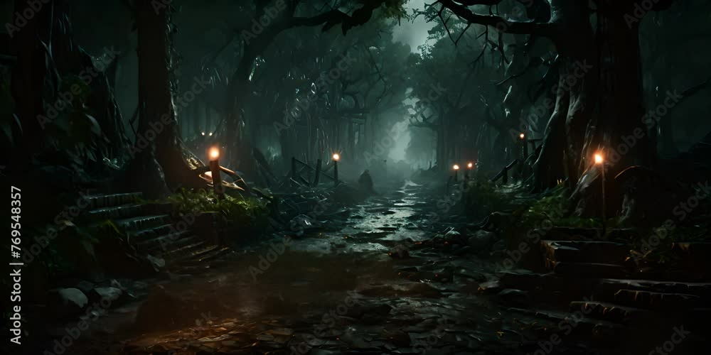 A path in a dark forest at night. 4K Video