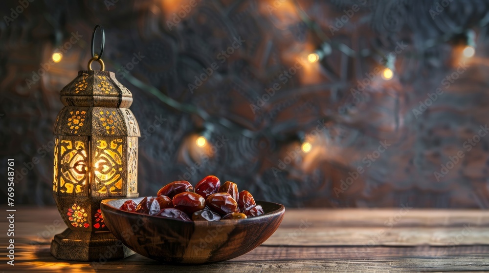 A traditional scene featuring a wooden bowl filled with succulent dates