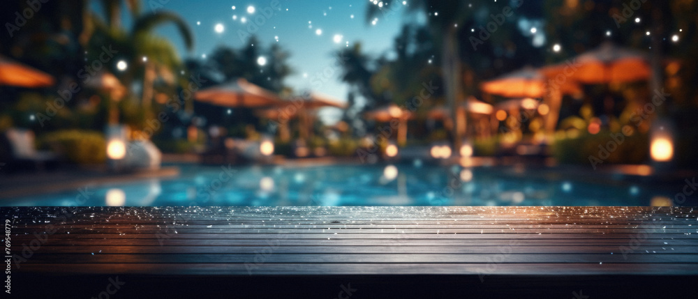 Naklejka premium Wooden table pool bokeh background, empty wood desk product display mockup with blurry tropical hotel resort abstract poolside summer travel backdrop advertising presentation. Mock up, copy space .