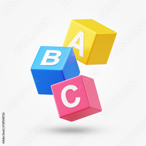 3D cube of ABC letter alphabet education toy isolated on white background with preschool child play colorful baby game block square shape or wooden box word symbol english school construction concept.