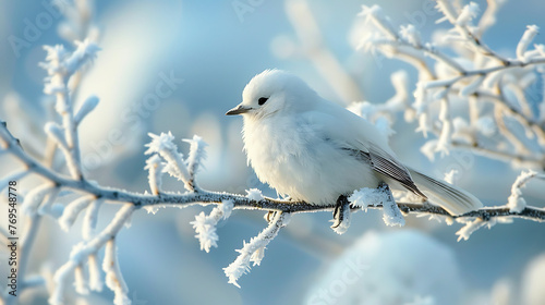 Little cute fluffy white bird in hoarfrost on a branch under the snow in the Christmas park. Generative Ai