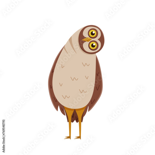 Cute funny owl with tilted leaned head. Vector illustration of cartoon forest night bird.
