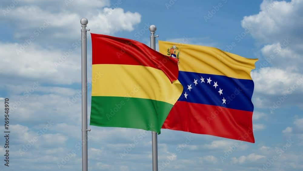 Venezuela and Bolivia two flags waving together, looped video Venezuela and Bolivia two flags waving together, looped video