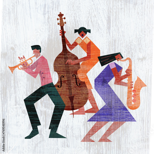 Jazz Band, dixieland, Contrabass, saxophon, trumpet. Funny flat design Illustration of two women jazz musicians and man with trumpet. © jiris