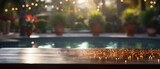 Wooden table pool bokeh background, empty wood desk product display mockup with blurry tropical hotel resort abstract poolside summer travel backdrop advertising presentation. Mock up, copy space .