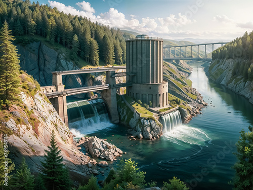 Jolie vue d'un impressionnant barrage hydroélectrique au milieu d'une vallée, joli fleuve, pont en arrière plan, ciel bleu nuageux, forêt  photo