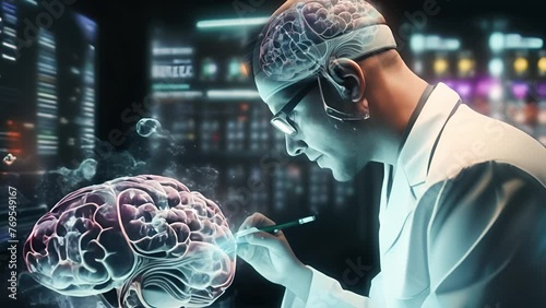 Surgeon performs brain surgery using augmented reality, 3D animated brain. High tech hospital, advanced technology. Futuristic theme photo