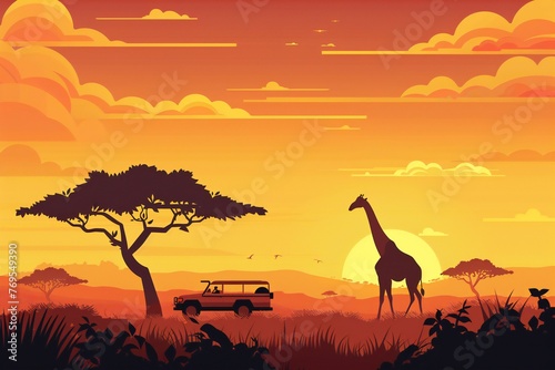 Beautiful African landscape at sunset with giraffes, trees and bushes and car safari. African landscape Sunset in Africa. Savannah silhouettes. © Yulia