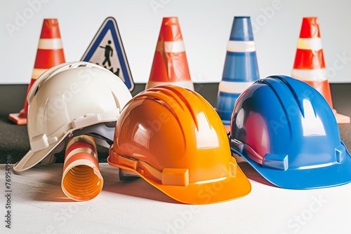 Set of safety helmets or hard hats and traffic cones, road sign on white  photo