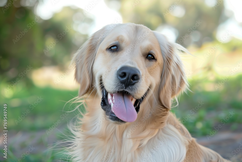 golden retriever smiling with tongue out in a sunny park golden retriever smiling with tongue out in a sunny park