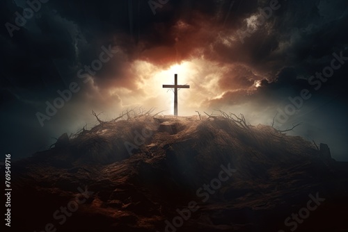 Cross on a hill symbolising death of Jesus Christ against sunset sky. With God rays in background. Ai Generative © ArtmediaworX