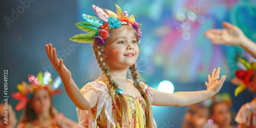 Kindergarten kids participating in spring themed school play. Cheerful children performing on theater stage in front of their parents. Creative leisure for elementary school students. photo