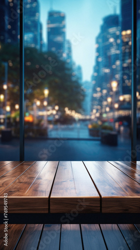 Wooden table bokeh city view background, empty wood desk tabletop counter surface product display mockup with blurry cityscape lights abstract backdrop presentation. Mock up, copy space .