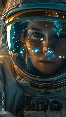 Young Female Astronaut With Reflective Visor, Gazing Intensely, Cosmic Particles, Detailed Helmet, Cool Tones, Human Space Flight. Vertical Banner. AI Generated