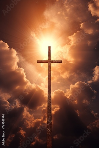 Cross against sunset sky. With God rays in background. Ai Generative
