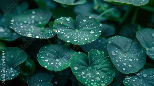 A detailed view of water droplets on the leaves of a gotu kola plant.