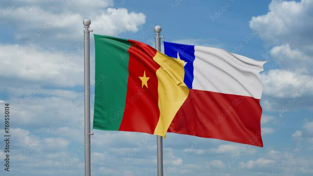 Chile and Cameroon two flags waving together, looped video, two country relations concept Chile and Cameroon two flags waving together, looped video, two country relations concept